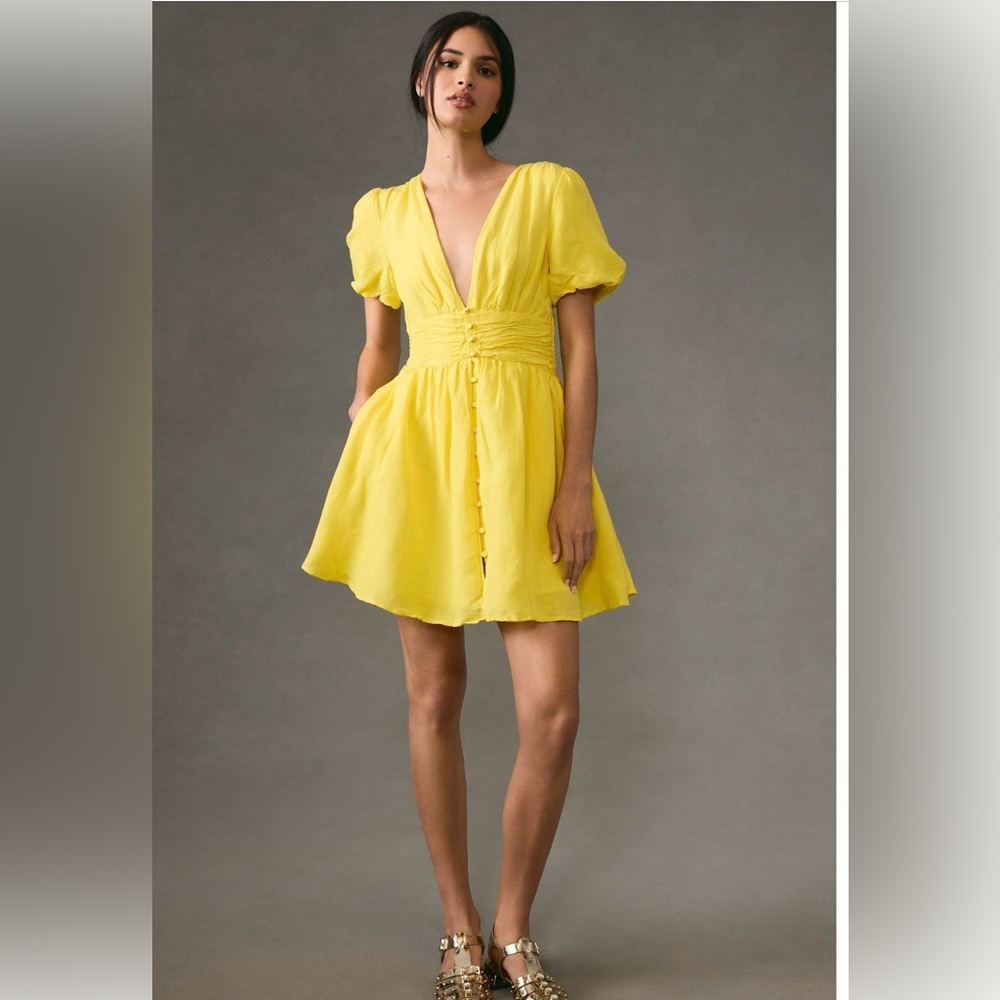 NWT Anthropologie The Katerina Button-Front Mini Dress Yellow Lemon XS NEW
